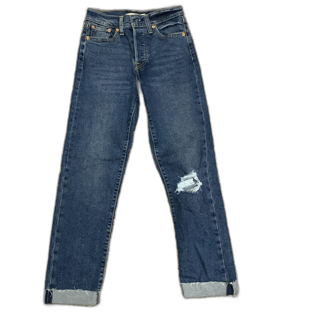 Levi’s Women's Wedgie Blue Denim Straight Cropped Distressed Ripped Jeans Sz 25